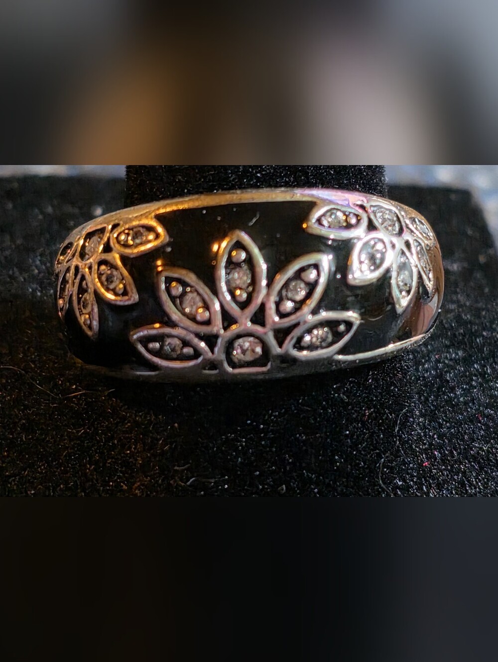 Black Enamel Floral Pavé Ring - Women Jewelry